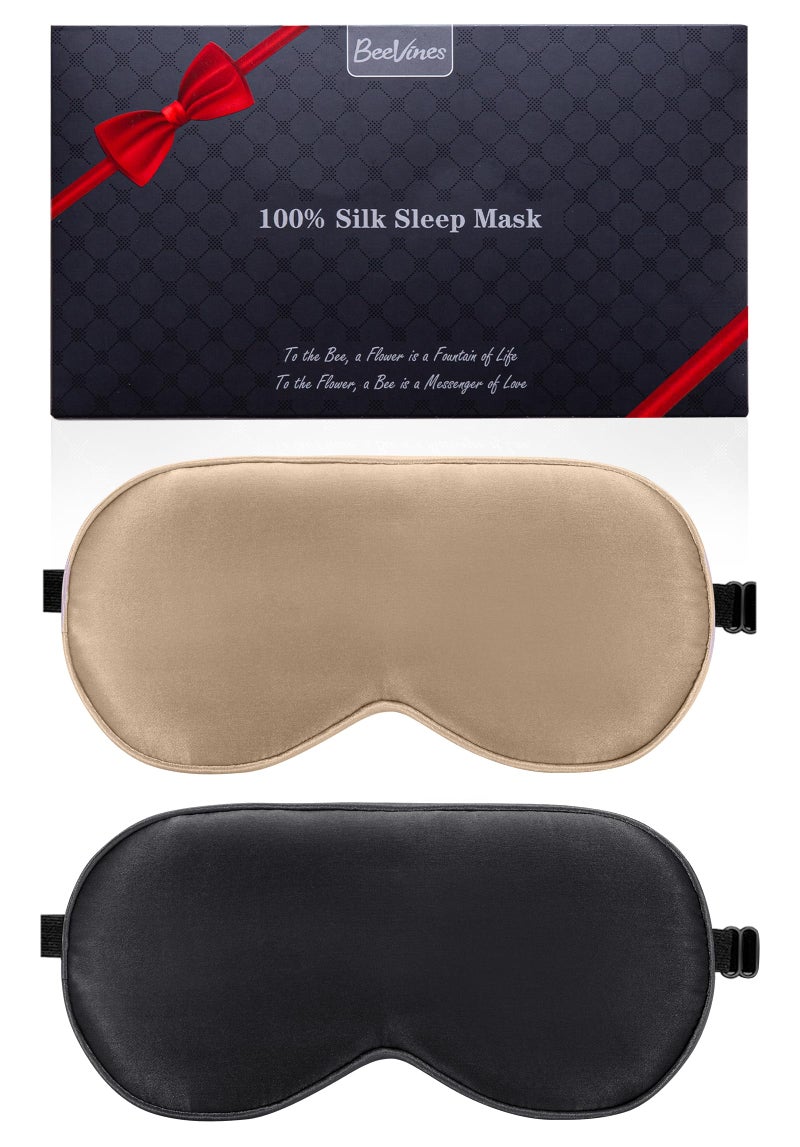 BeeVines Sleep Mask, 2 Pack 100% Real Natural Pure Silk Eye Masks with Adjustable Strap for Sleeping, Eye Sleep Shade Cover, Blocks Light Reduces Puffy Eyes Gifts (Black & Olive Gold)